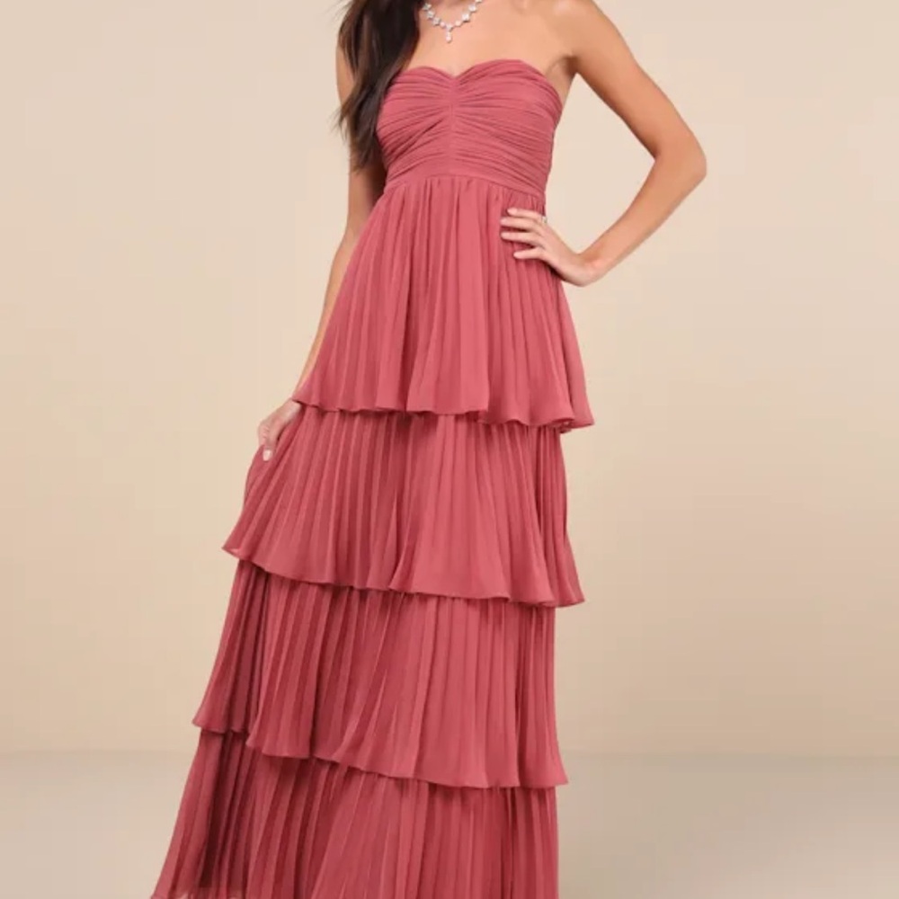 Seriously Sensational Rusty Rose Strapless Tiered Maxi Dress